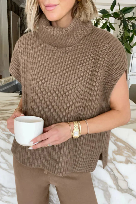 Slit Turtleneck Cap Sleeve Sweater - adritiX
