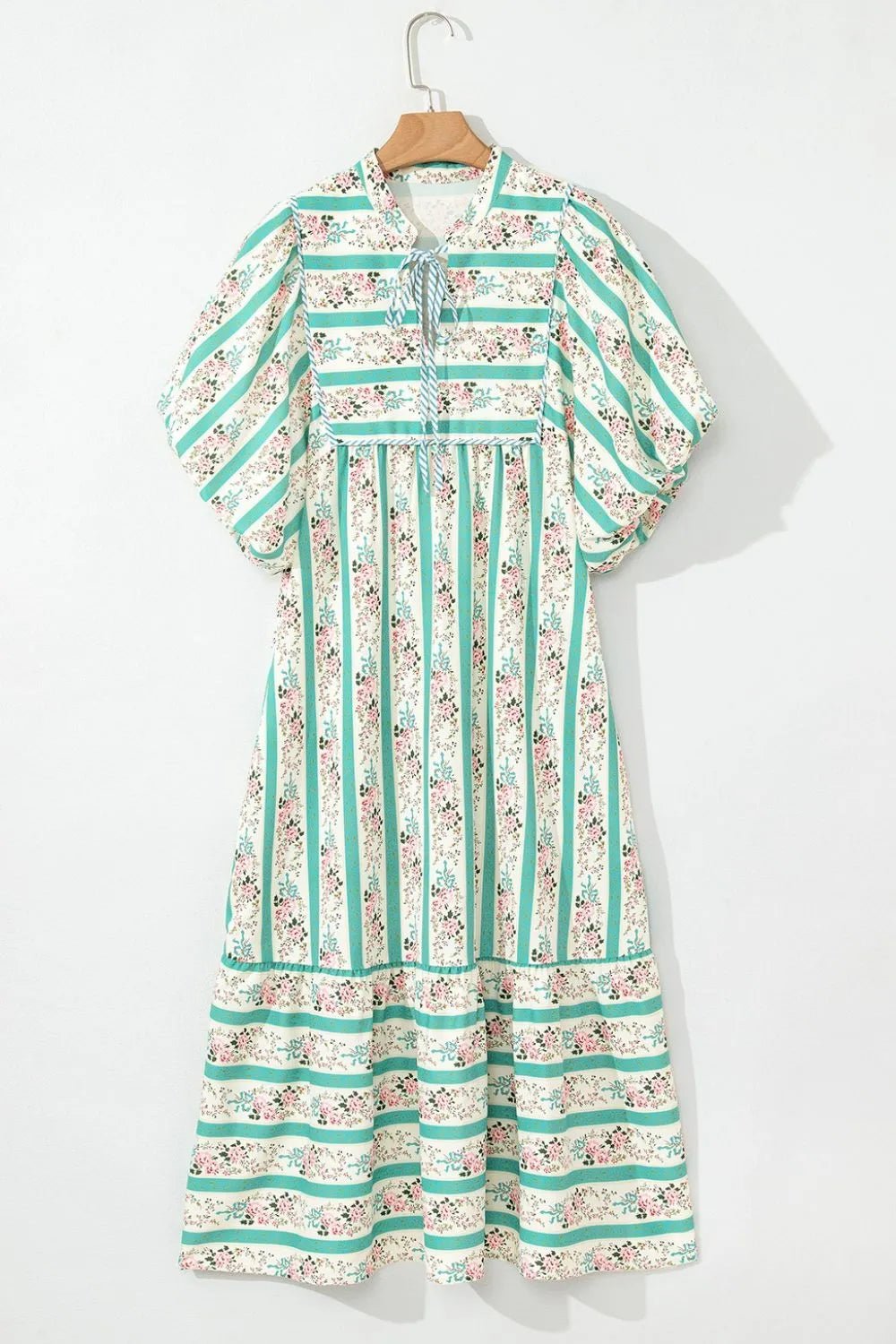 Striped Floral Print Tie Neck Puff Sleeve Midi Dress - adritiX