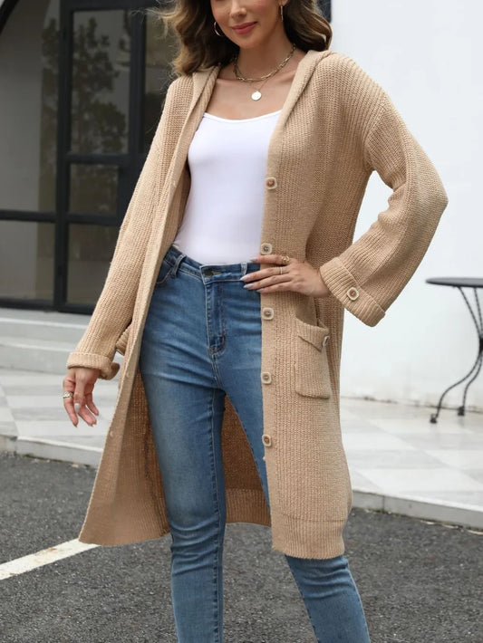 Pocketed Button Up Long Sleeve Hooded Cardigan - adritiX