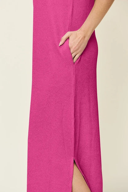 Double Take Full Size Texture Mock Neck Sleeveless Maxi Dress - adritiX