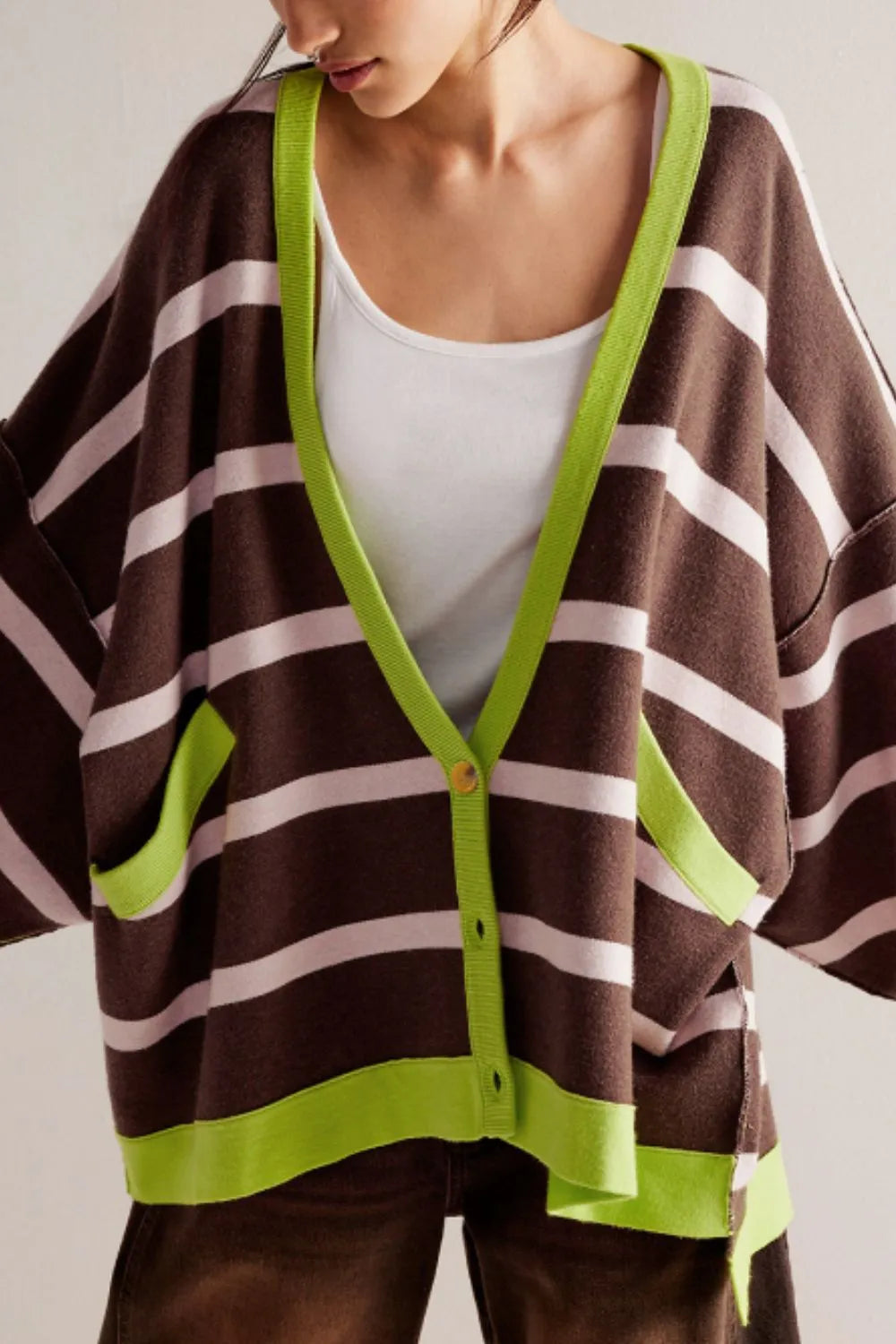 Contrast Stripes Button Down Long Sleeve Cardigan - adritiX