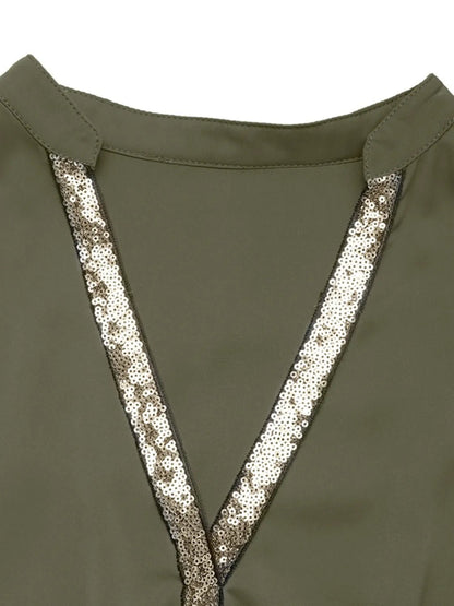 Sequin Notched Short Sleeve Midi Dress - adritiX