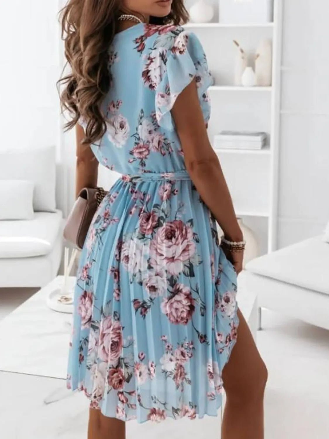Floral Surplice Ruffled Cap Sleeve Dress - adritiX