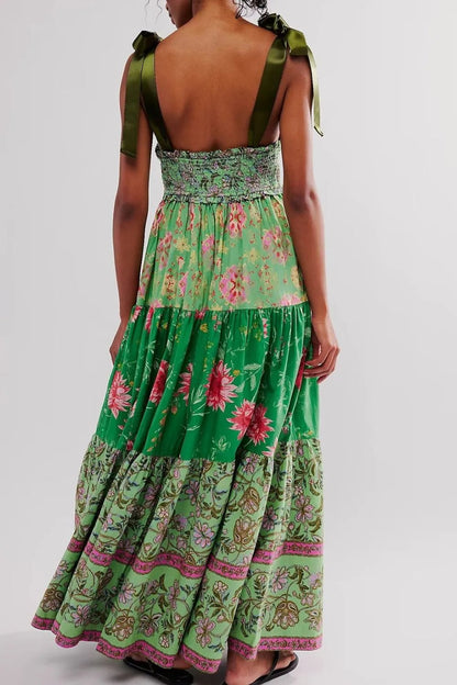 Floral Tiered Maxi Dress with Mixed Print Design - adritiX