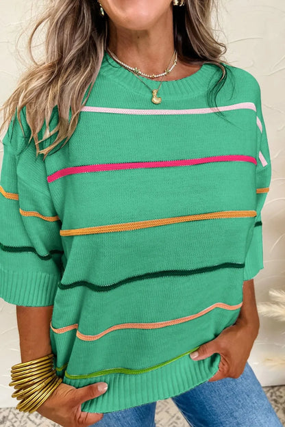 Striped Round Neck Half Sleeve Sweater - adritiX