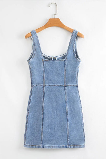 Square Neck Wide Strap Denim Dress - adritiX