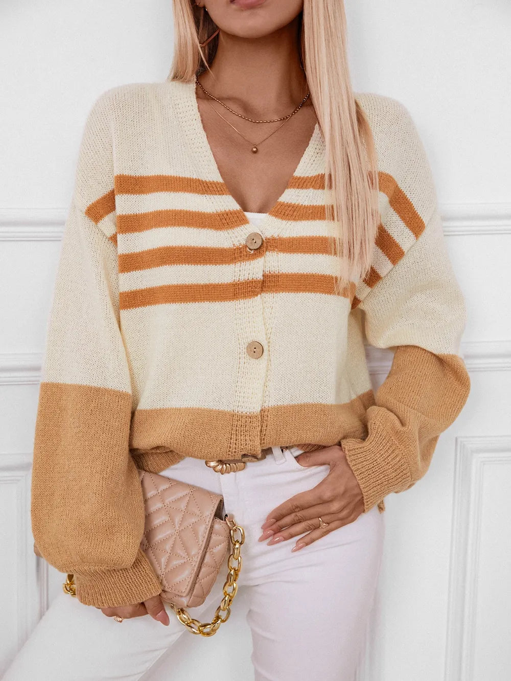 Color Block V-Neck Button Down Long Sleeve Cardigan - adritiX