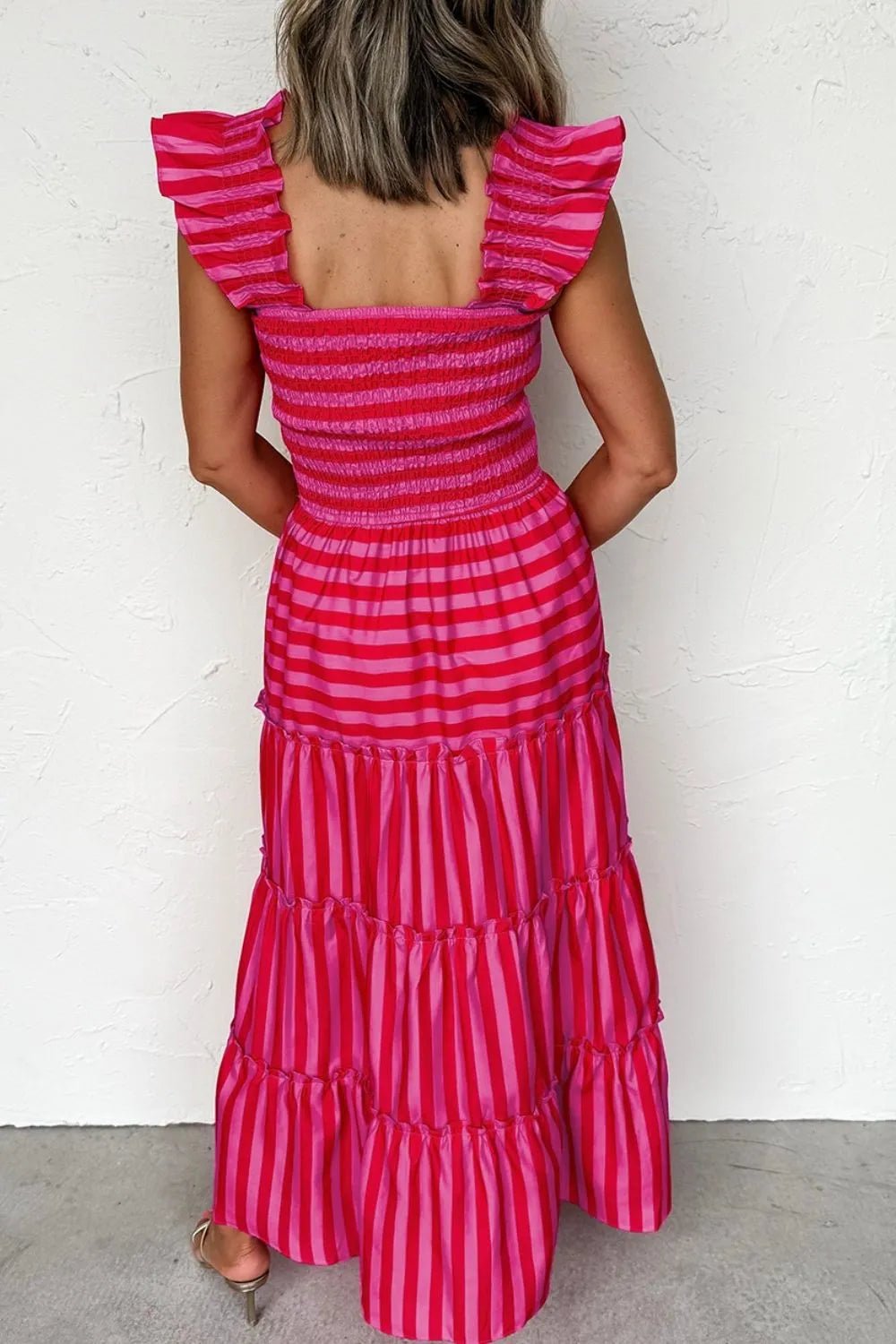 Stripe Flutter Sleeve Smocked Bodice Tiered Maxi Dress - adritiX