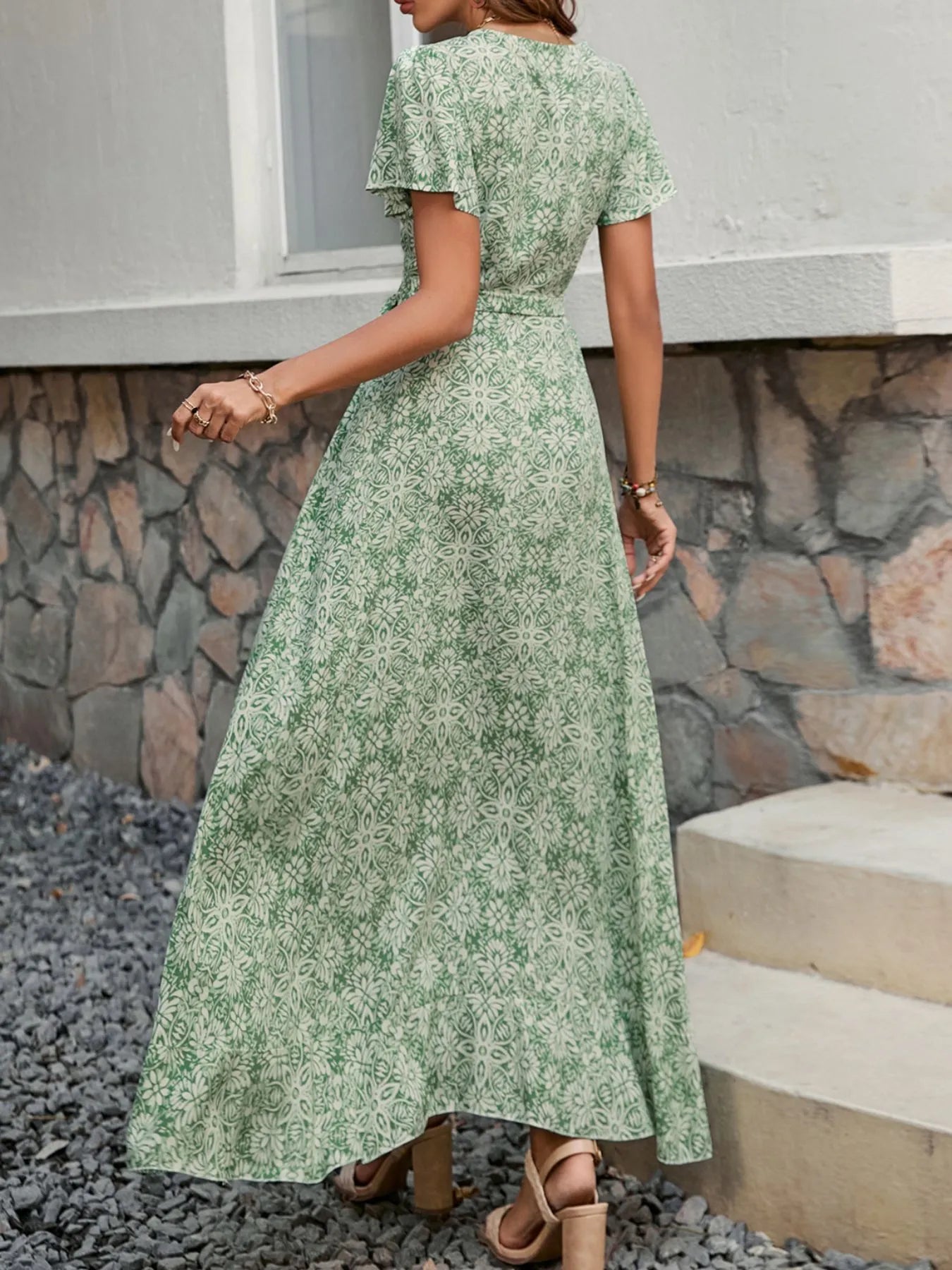 Printed Surplice Maxi Dress with Flutter Sleeves - adritiX