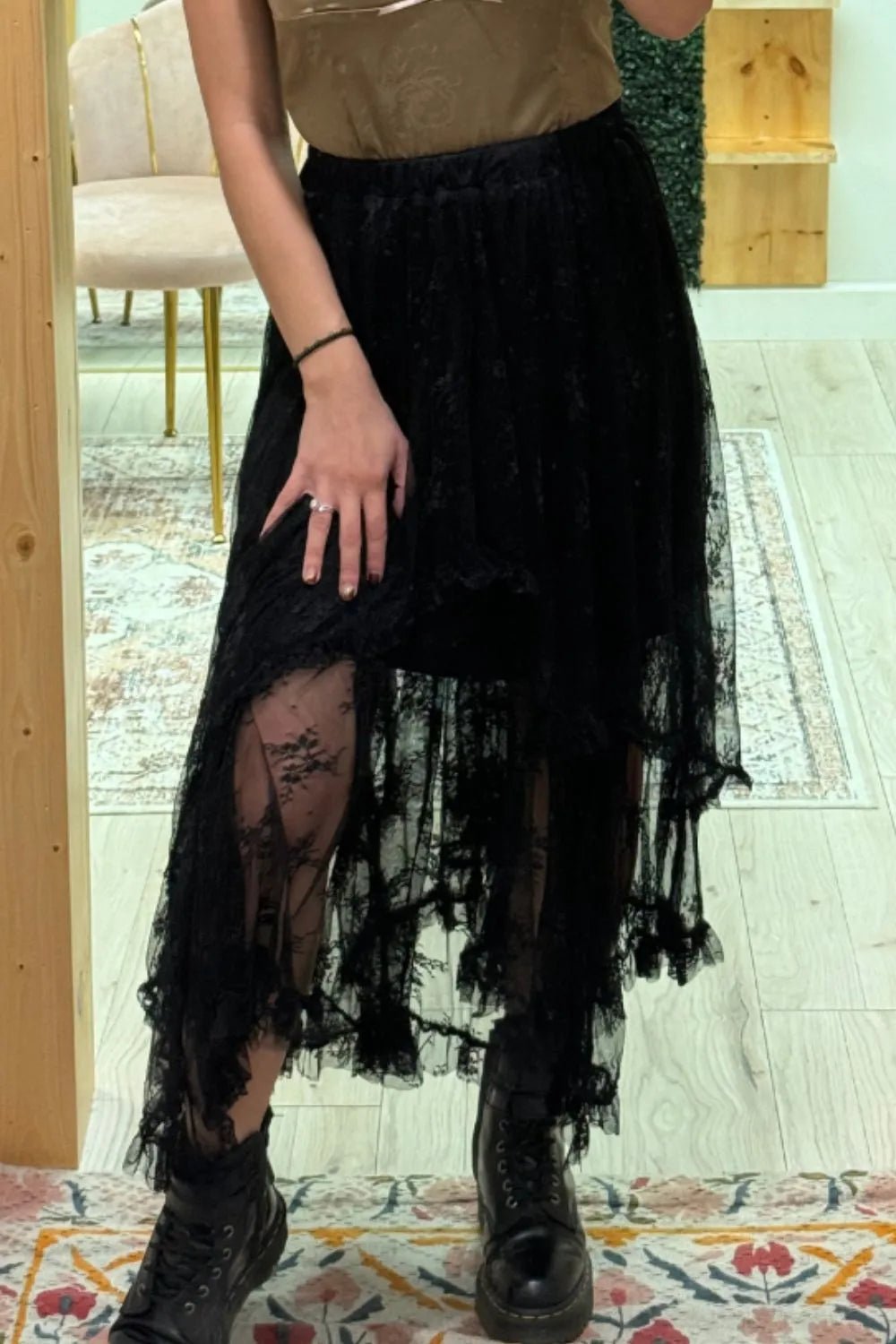Elastic Waist Asymmetrical Lace Skirt - adritiX