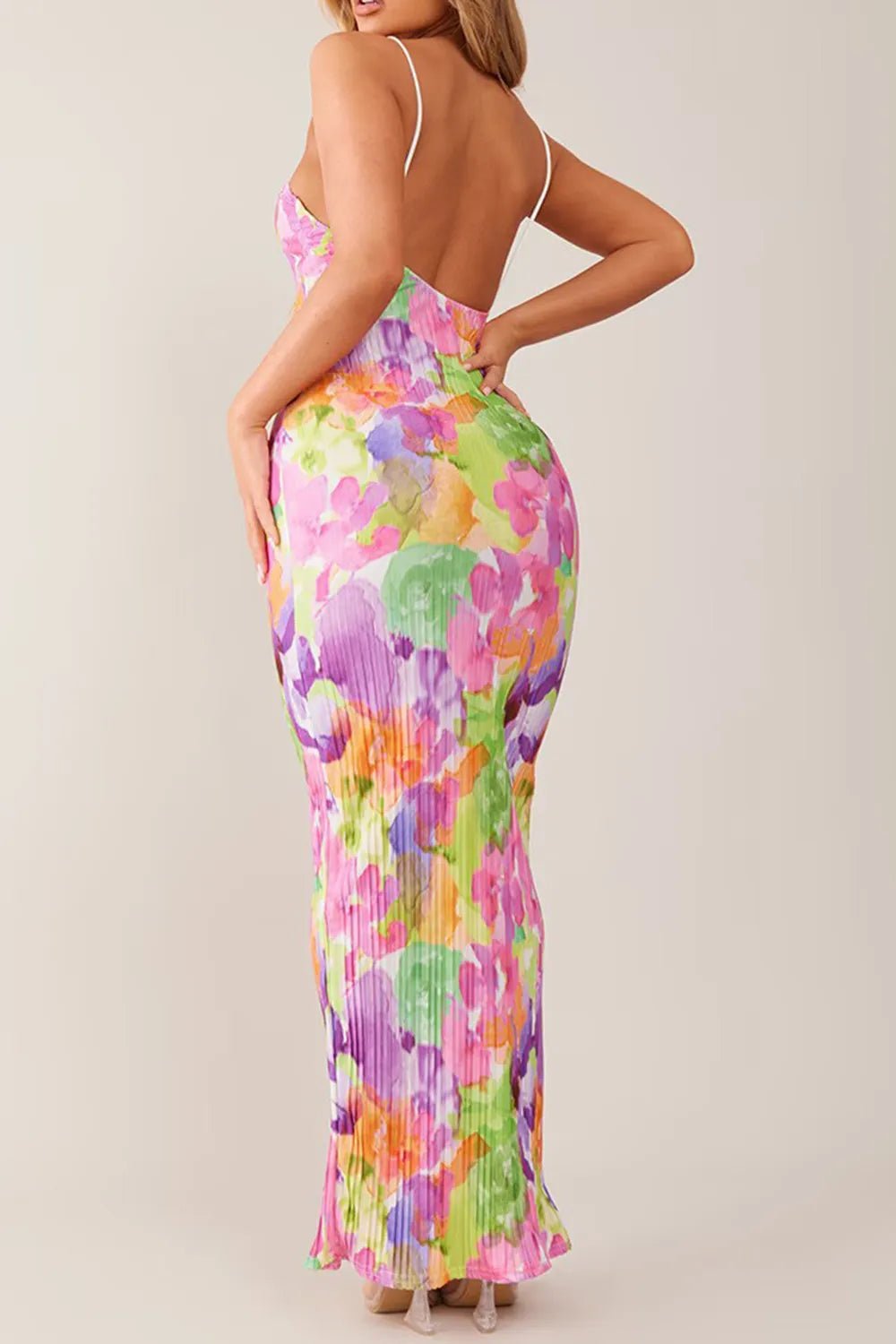 Elegant Backless Printed Maxi Cami Dress - adritiX