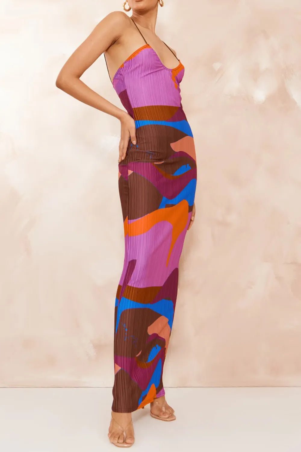 Elegant Backless Printed Maxi Cami Dress - adritiX