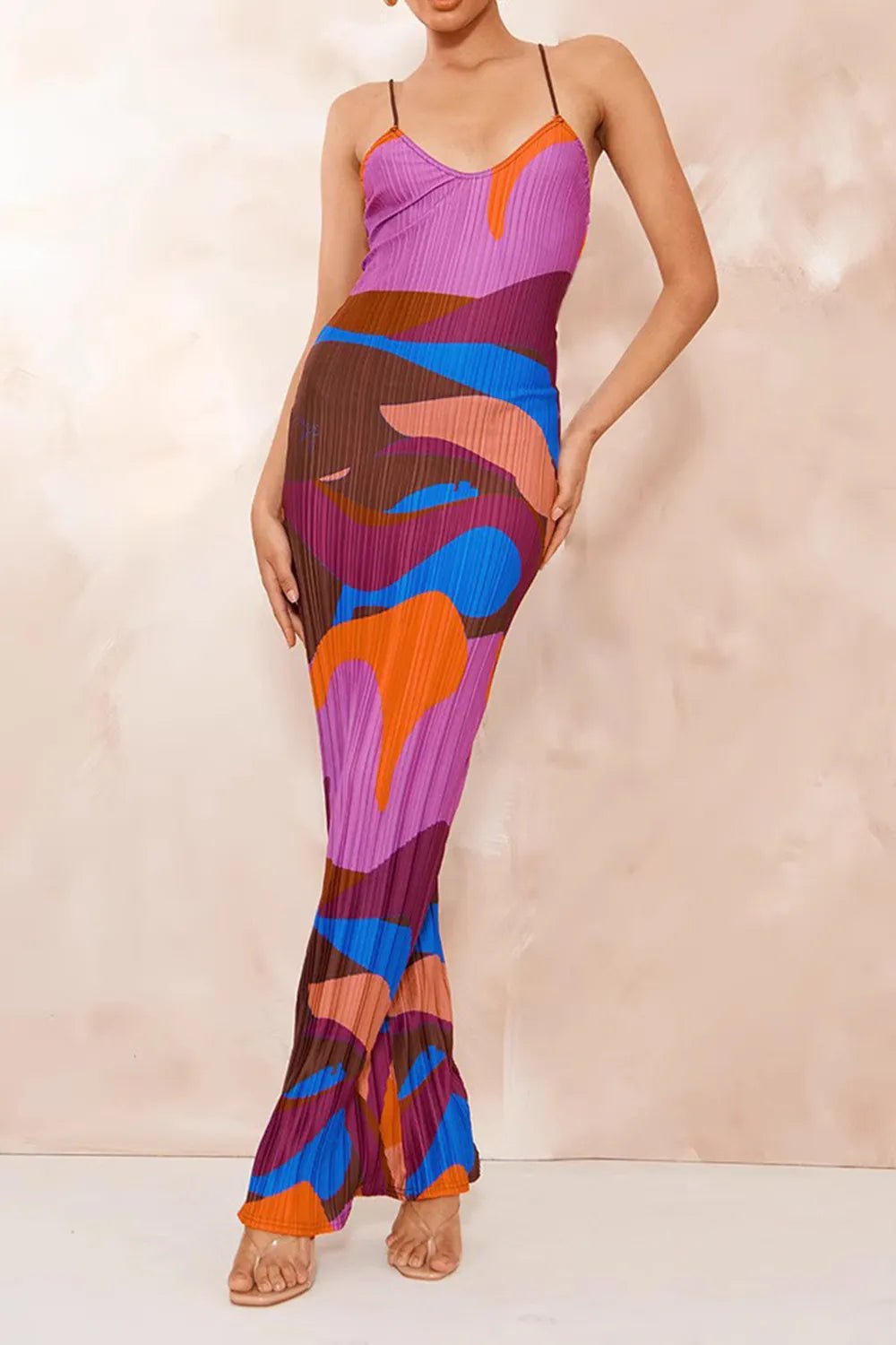 Elegant Backless Printed Maxi Cami Dress - adritiX