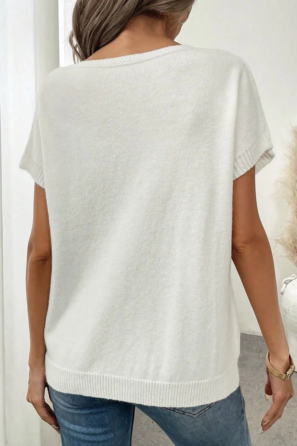 Elegant Bow Pattern Knit Short Sleeve Sweater - adritiX