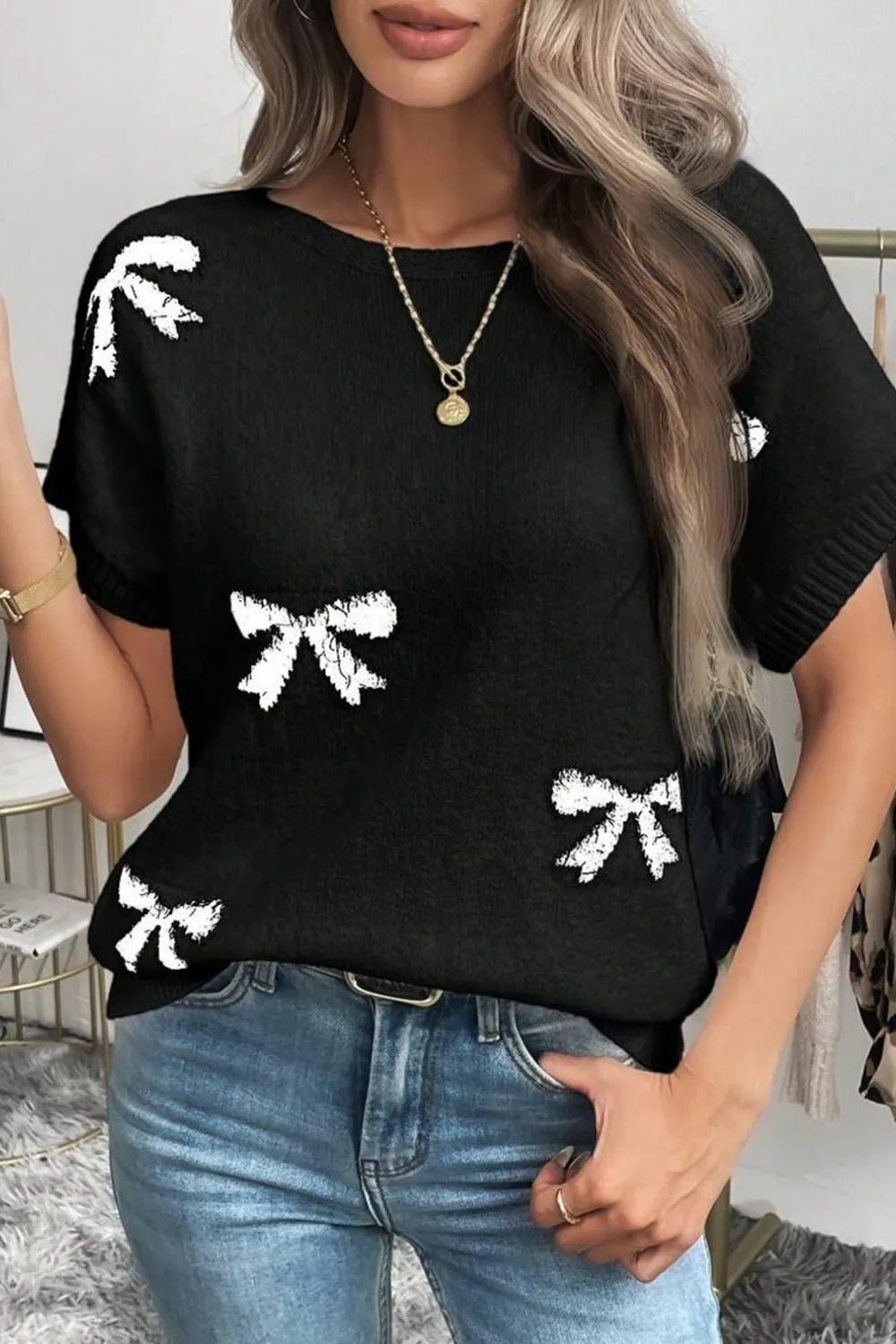 Elegant Bow Pattern Knit Short Sleeve Sweater - adritiX