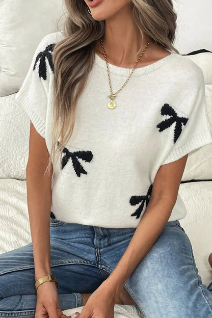 Elegant Bow Pattern Knit Short Sleeve Sweater - adritiX