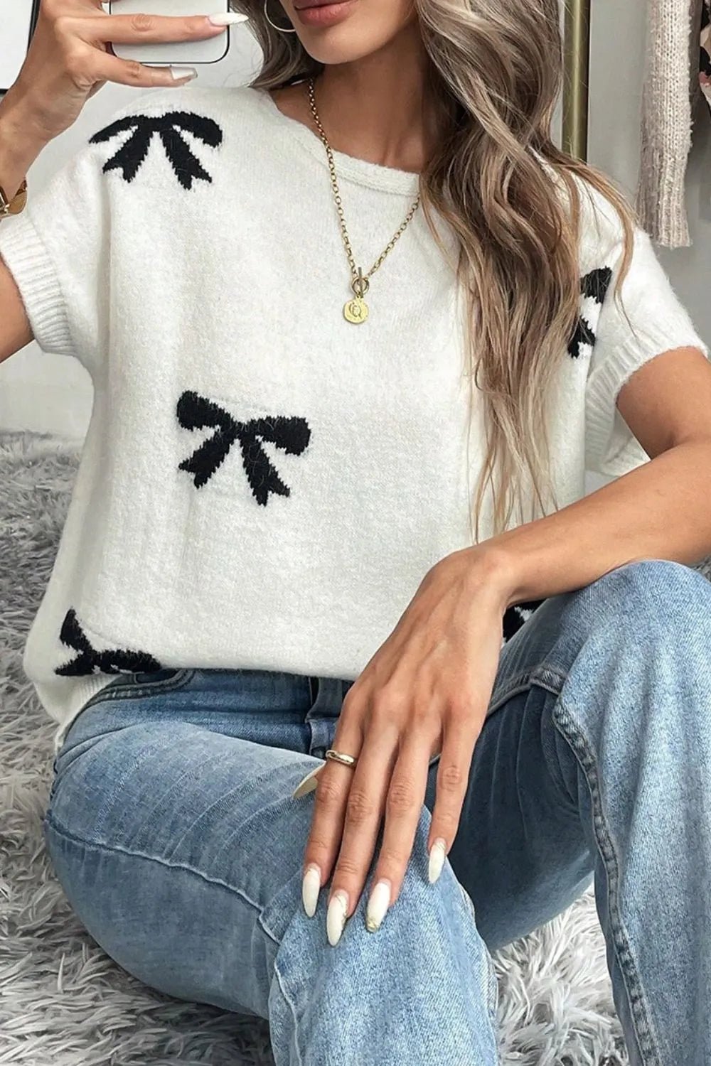 Elegant Bow Pattern Knit Short Sleeve Sweater - adritiX