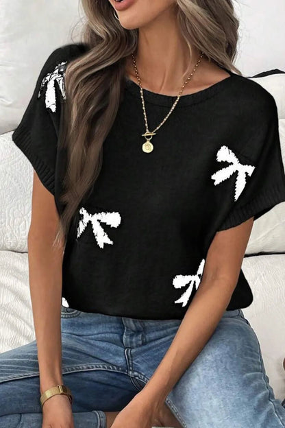 Elegant Bow Pattern Knit Short Sleeve Sweater - adritiX