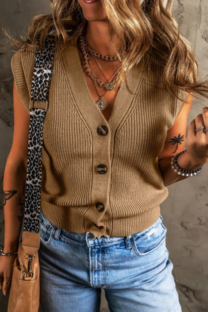 Elegant Button Up V - Neck Sweater Vest - adritiX