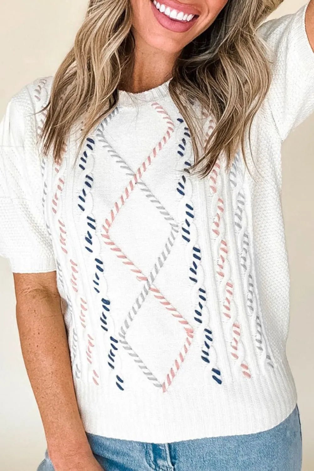 Elegant Cable Knit Round Neck Half Sleeve Sweater - adritiX