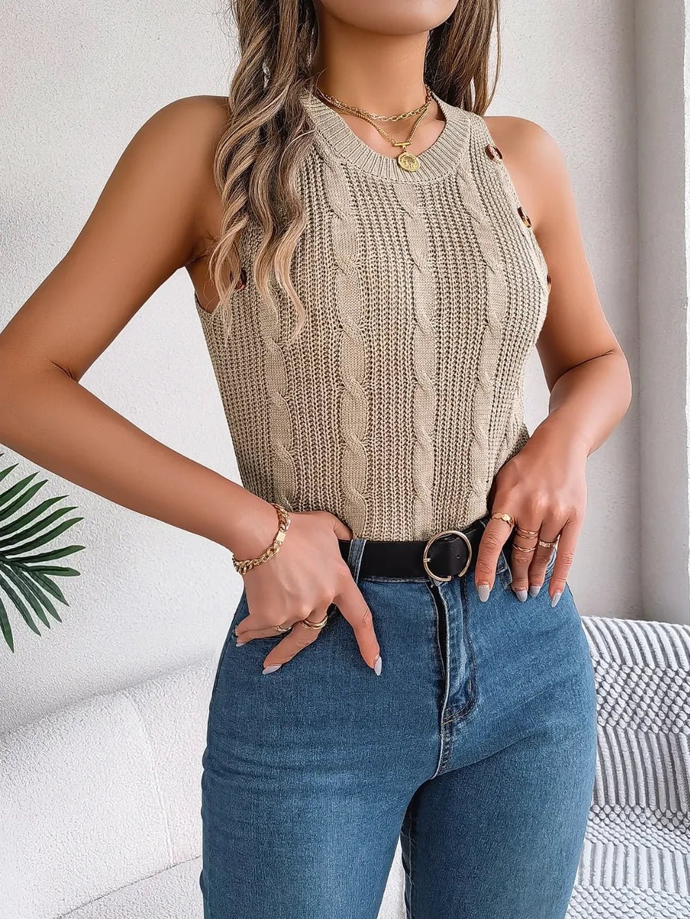 Elegant Cable - Knit Round Neck Vest - adritiX