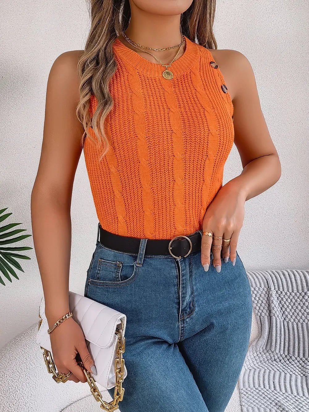 Elegant Cable - Knit Round Neck Vest - adritiX