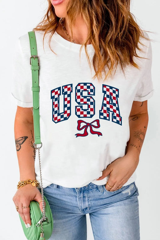 Elegant Checkered USA Graphic Round Neck Tee - adritiX
