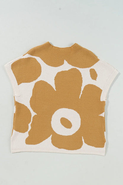 Elegant Contrast Flower Mock Neck Short Sleeve Sweater - adritiX