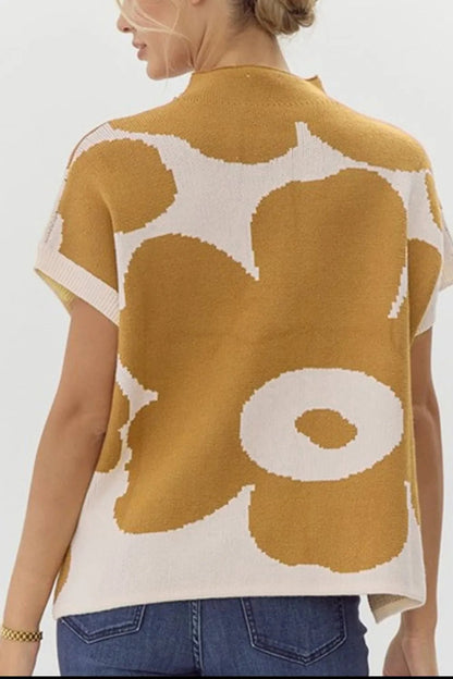 Elegant Contrast Flower Mock Neck Short Sleeve Sweater - adritiX