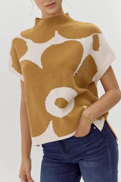 Elegant Contrast Flower Mock Neck Short Sleeve Sweater - adritiX