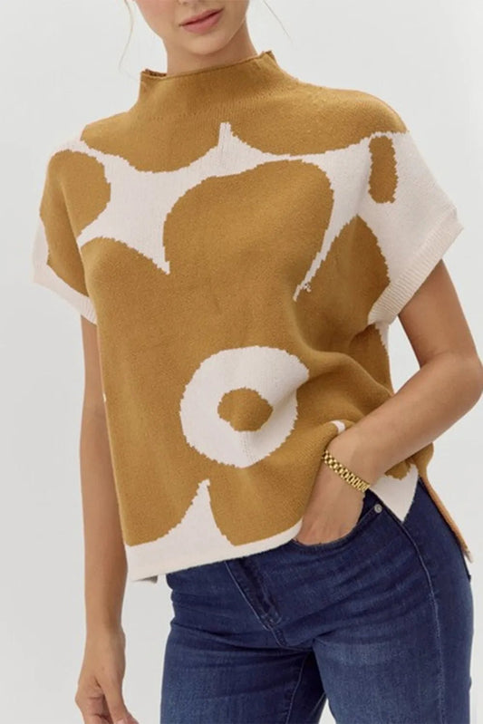Elegant Contrast Flower Mock Neck Short Sleeve Sweater - adritiX
