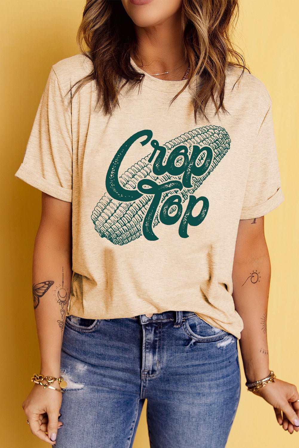 Elegant Corn Letter Graphic Cuffed Tee - adritiX