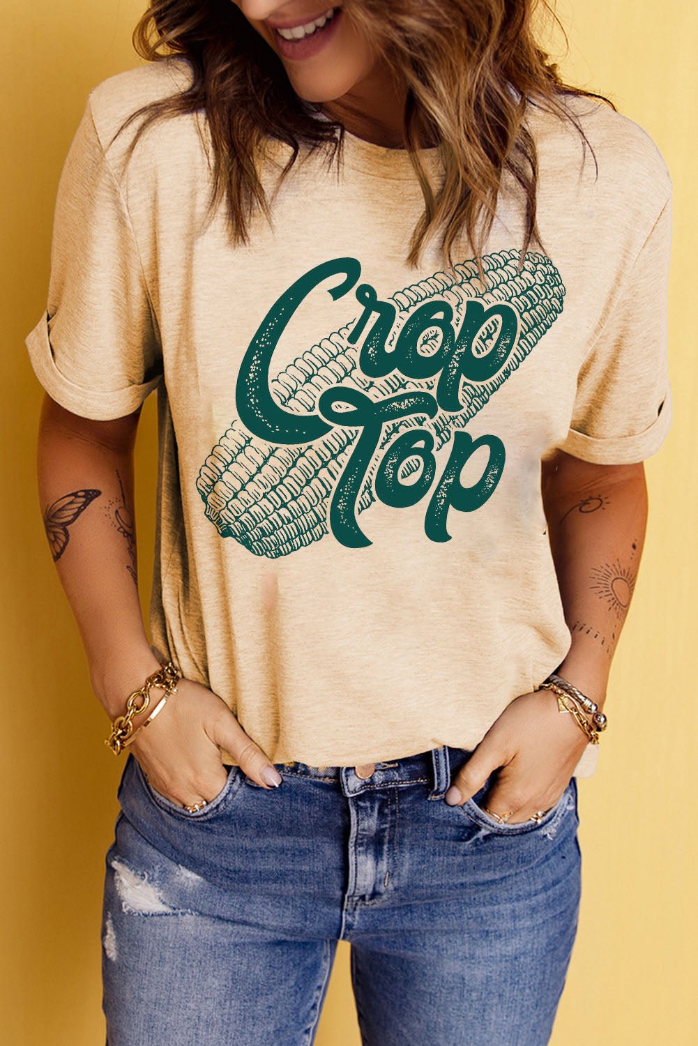 Elegant Corn Letter Graphic Cuffed Tee - adritiX