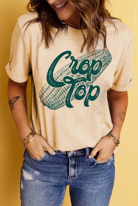Elegant Corn Letter Graphic Cuffed Tee - adritiX