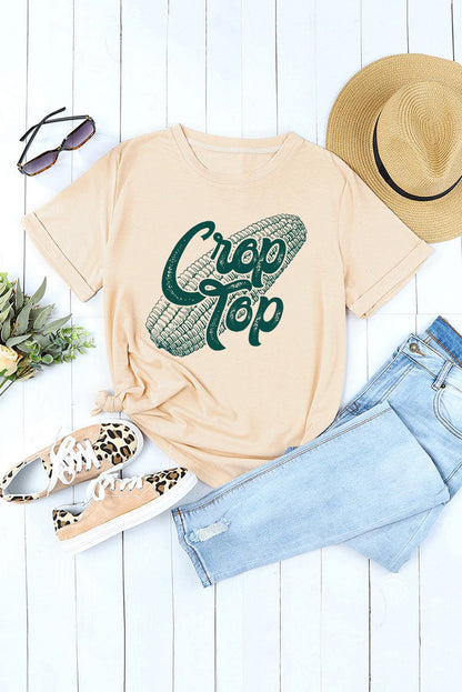 Elegant Corn Letter Graphic Cuffed Tee - adritiX