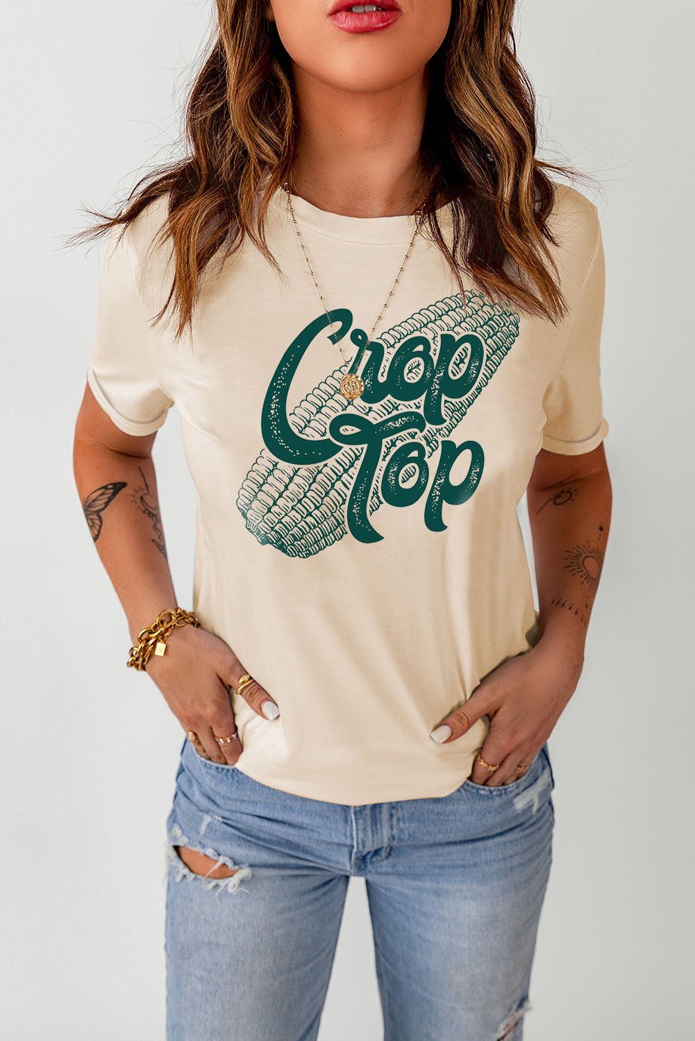 Elegant Corn Letter Graphic Cuffed Tee - adritiX