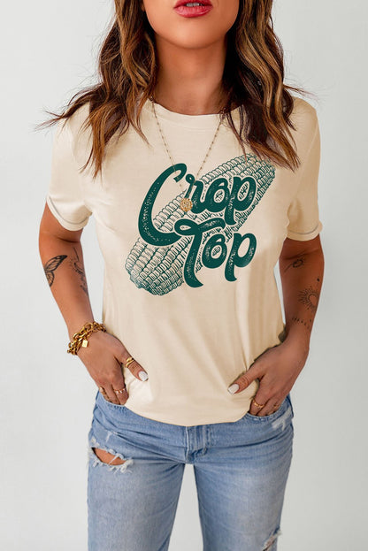 Elegant Corn Letter Graphic Cuffed Tee - adritiX