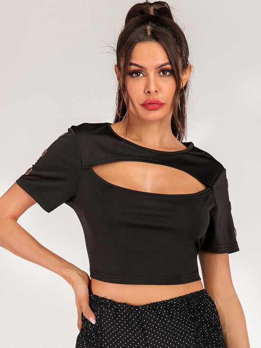 Elegant Cutout Grommet Detail Cropped Tee - adritiX