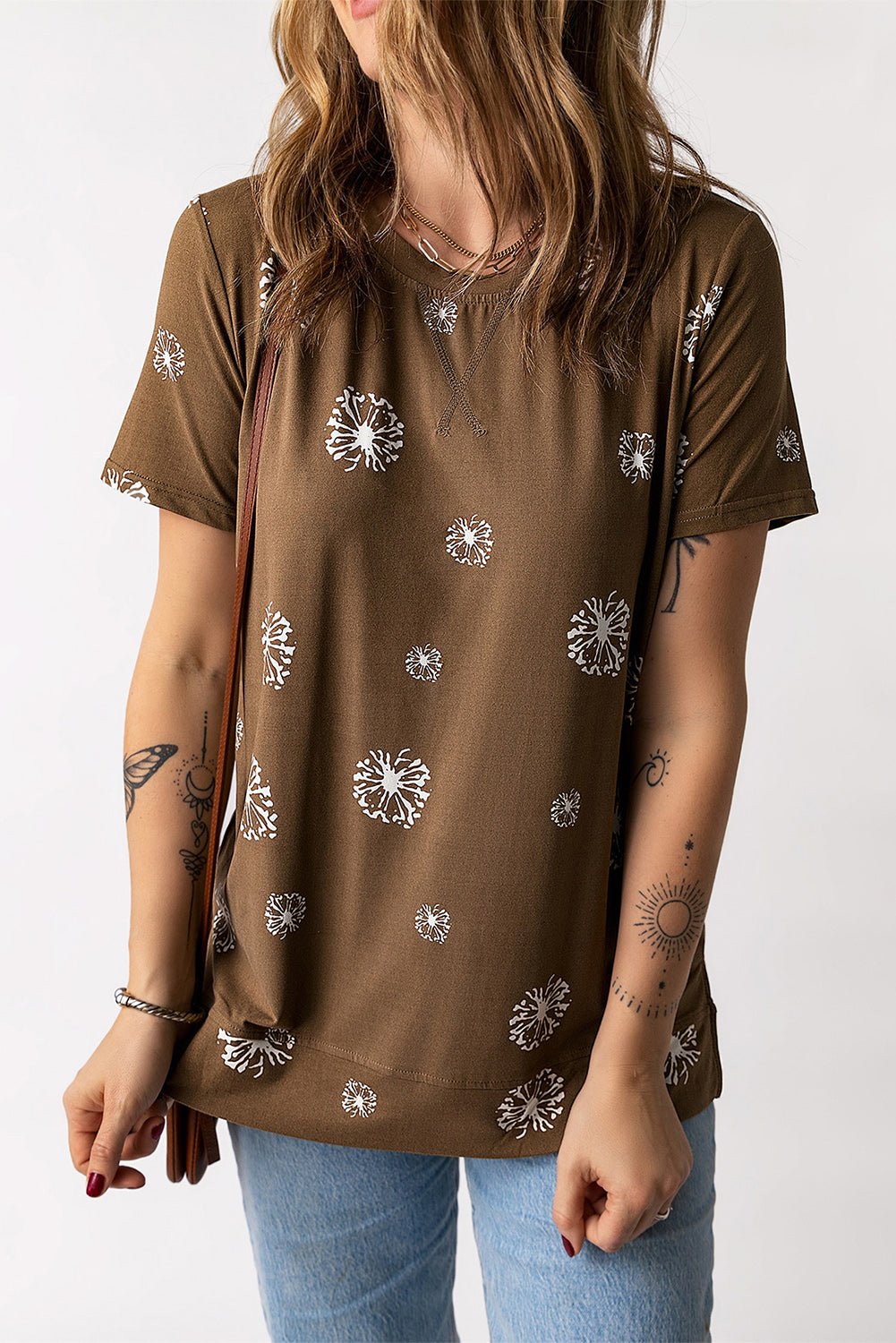 Elegant Dandelion Print Round Neck Tee - adritiX