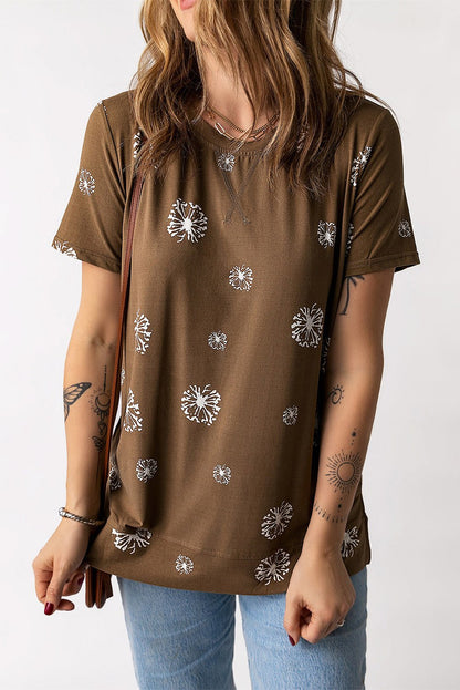 Elegant Dandelion Print Round Neck Tee - adritiX