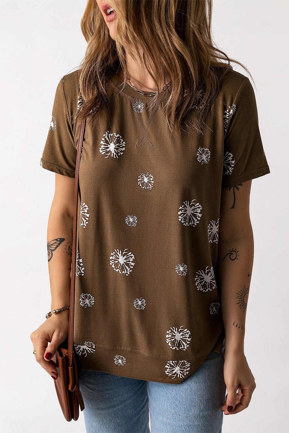 Elegant Dandelion Print Round Neck Tee - adritiX