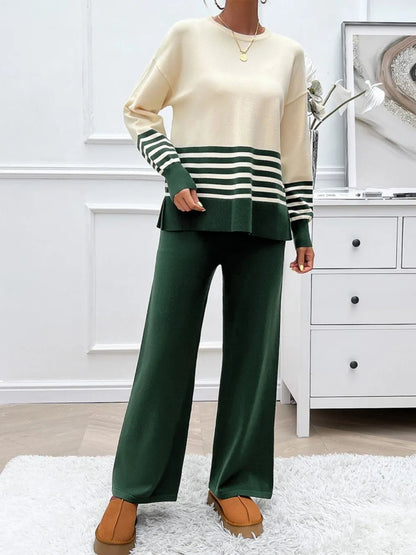 Elegant Devine Slit Striped Round Neck Top and Pants Sweater Set - adritiX