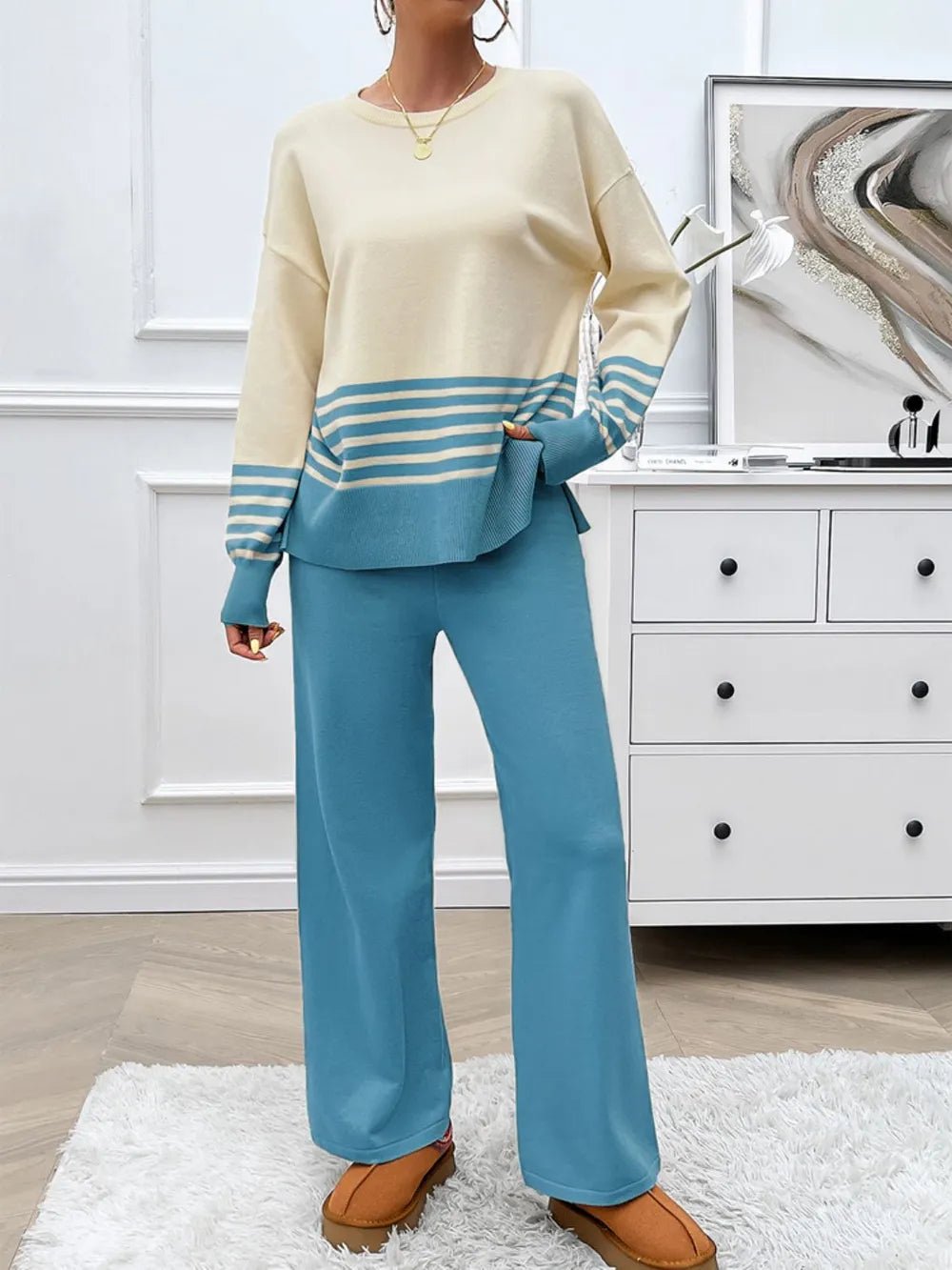 Elegant Devine Slit Striped Round Neck Top and Pants Sweater Set - adritiX