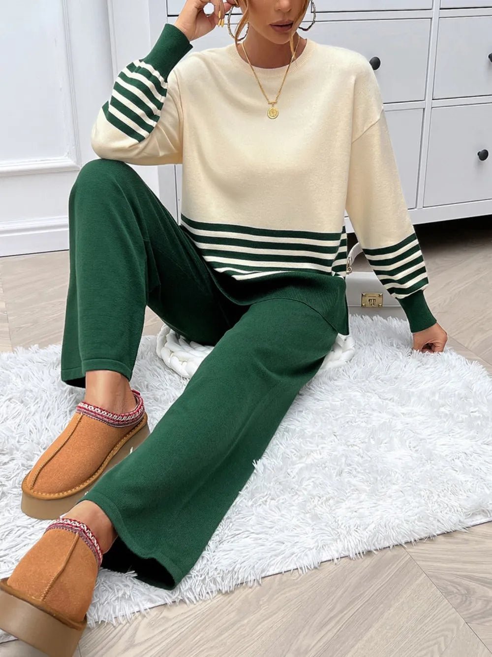 Elegant Devine Slit Striped Round Neck Top and Pants Sweater Set - adritiX