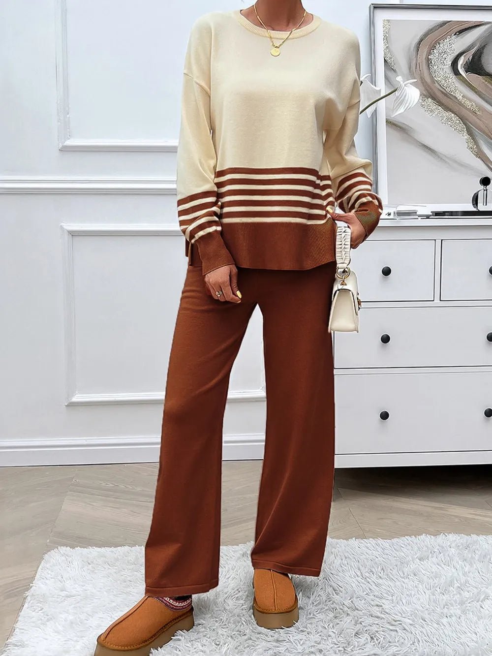 Elegant Devine Slit Striped Round Neck Top and Pants Sweater Set - adritiX