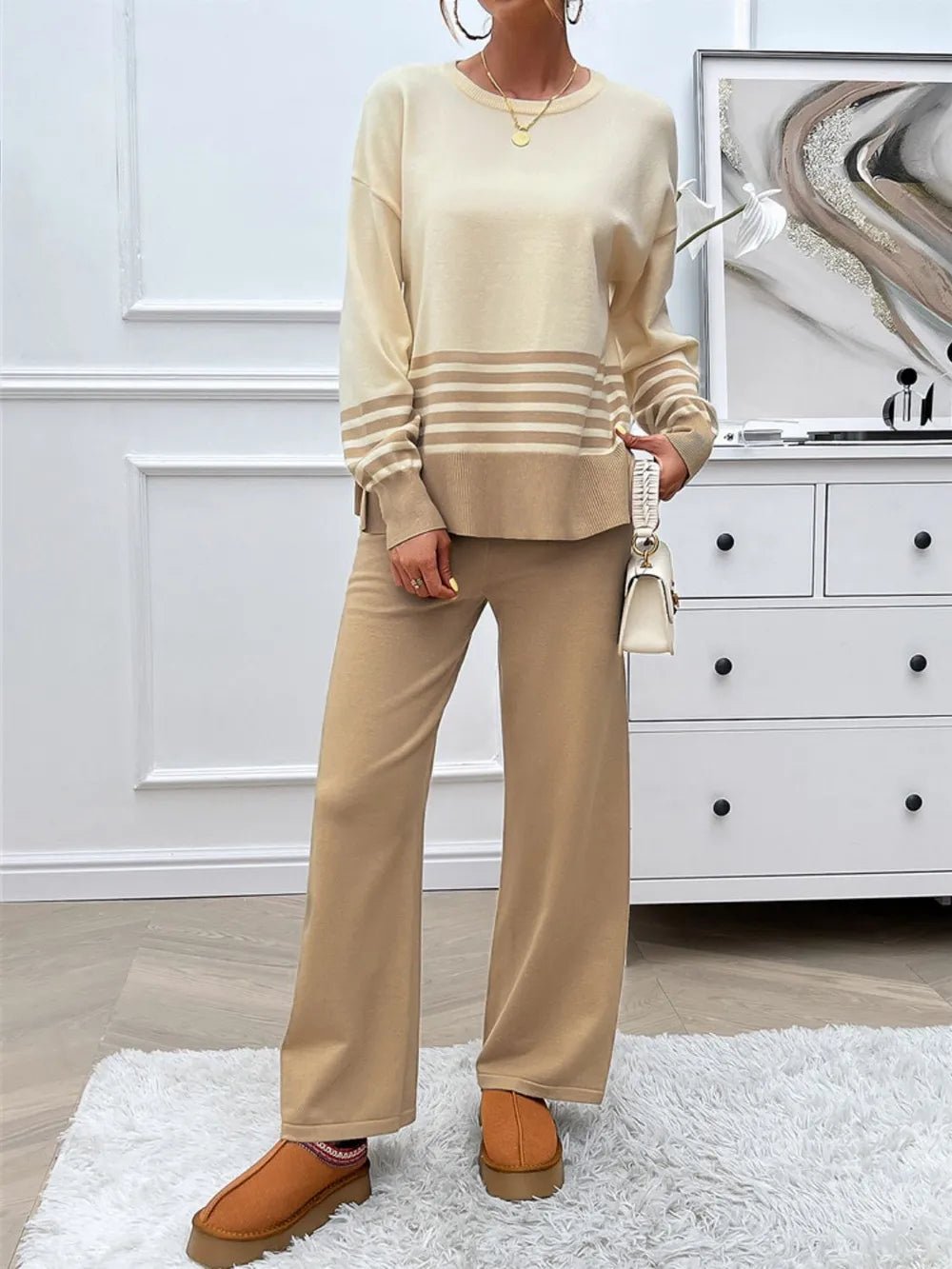 Elegant Devine Slit Striped Round Neck Top and Pants Sweater Set - adritiX