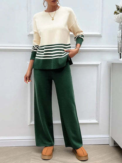 Elegant Devine Slit Striped Round Neck Top and Pants Sweater Set - adritiX