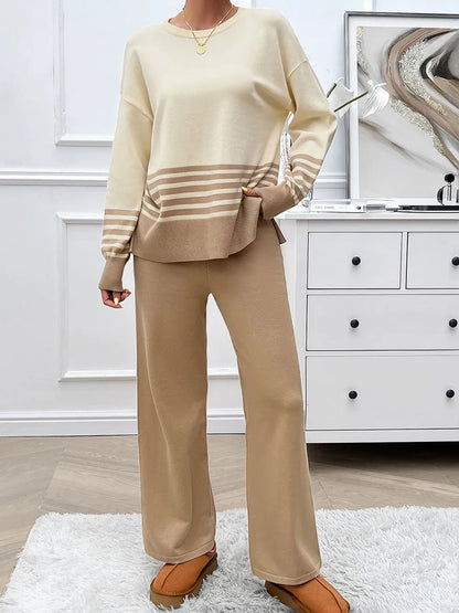 Elegant Devine Slit Striped Round Neck Top and Pants Sweater Set - adritiX