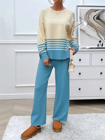 Elegant Devine Slit Striped Round Neck Top and Pants Sweater Set - adritiX
