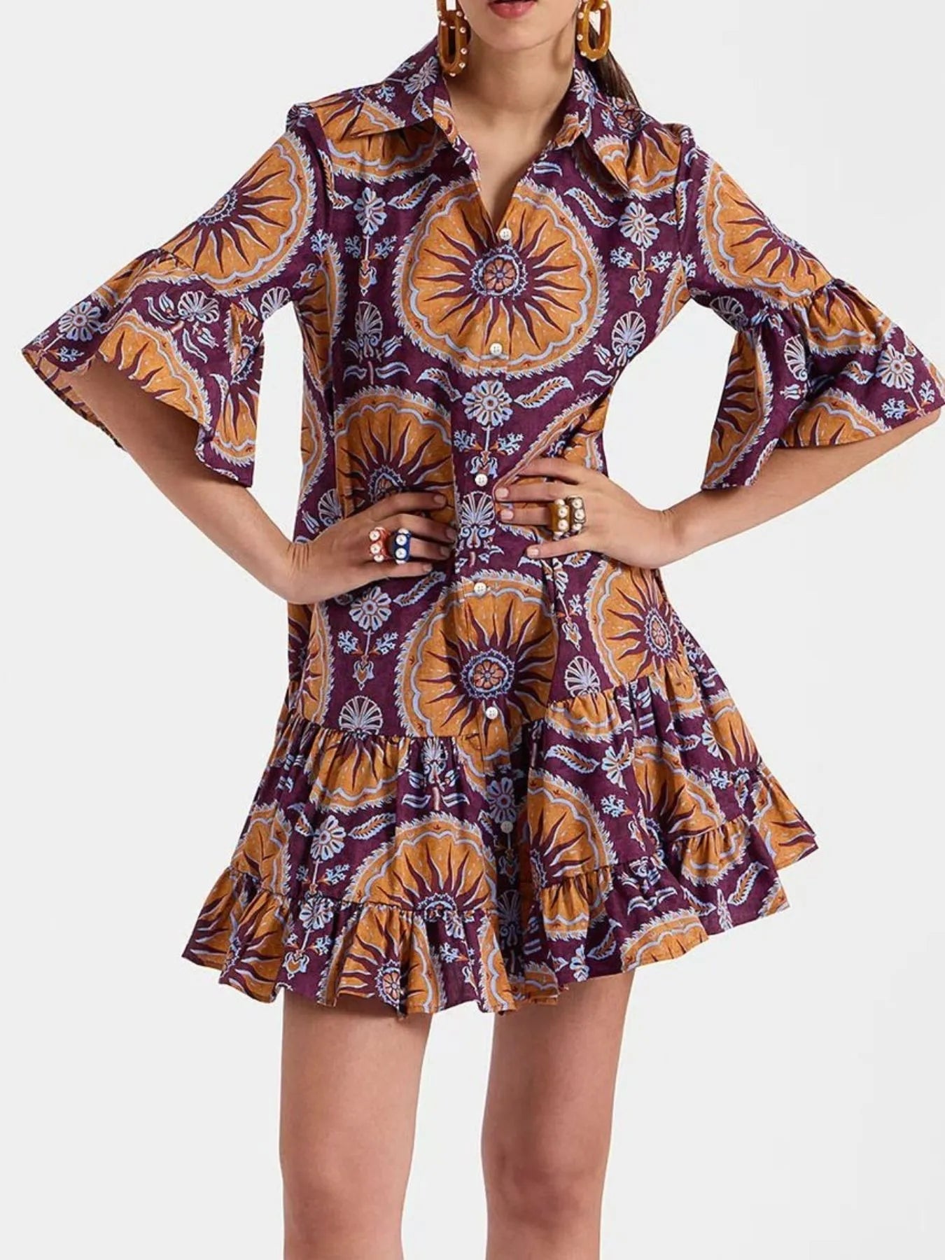 Elegant Floral Print Ruffle Sleeve Mini Dress - adritiX